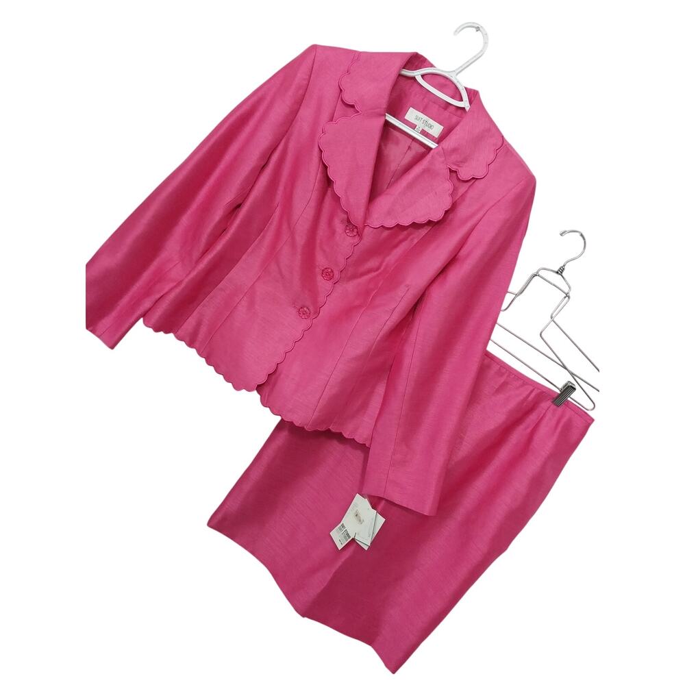 NWT@$200! SUIT STUDIO! FUSCHIA PINK RAW SATIN LOOK 2 PC SKIRT, JACKET SUIT!SZ 14